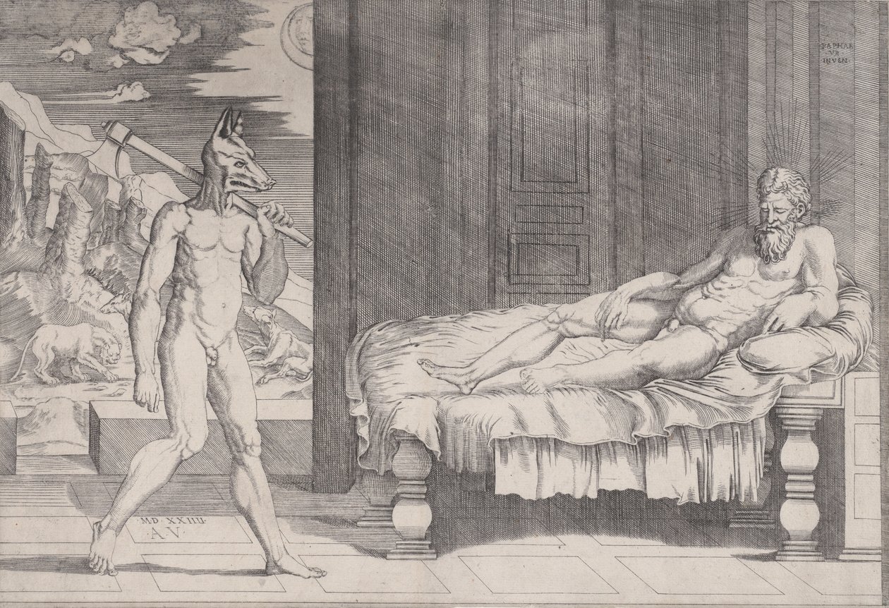 Lycaon wird in einen Wolf verwandelt, datiert 1524 von Agostino Veneziano