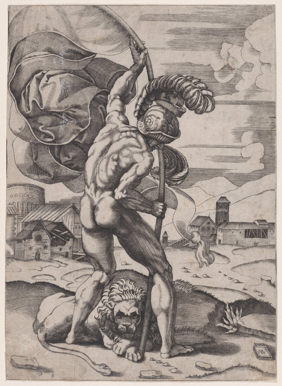 Mann mit einer Flagge, ca. 1514-36 von Agostino Veneziano