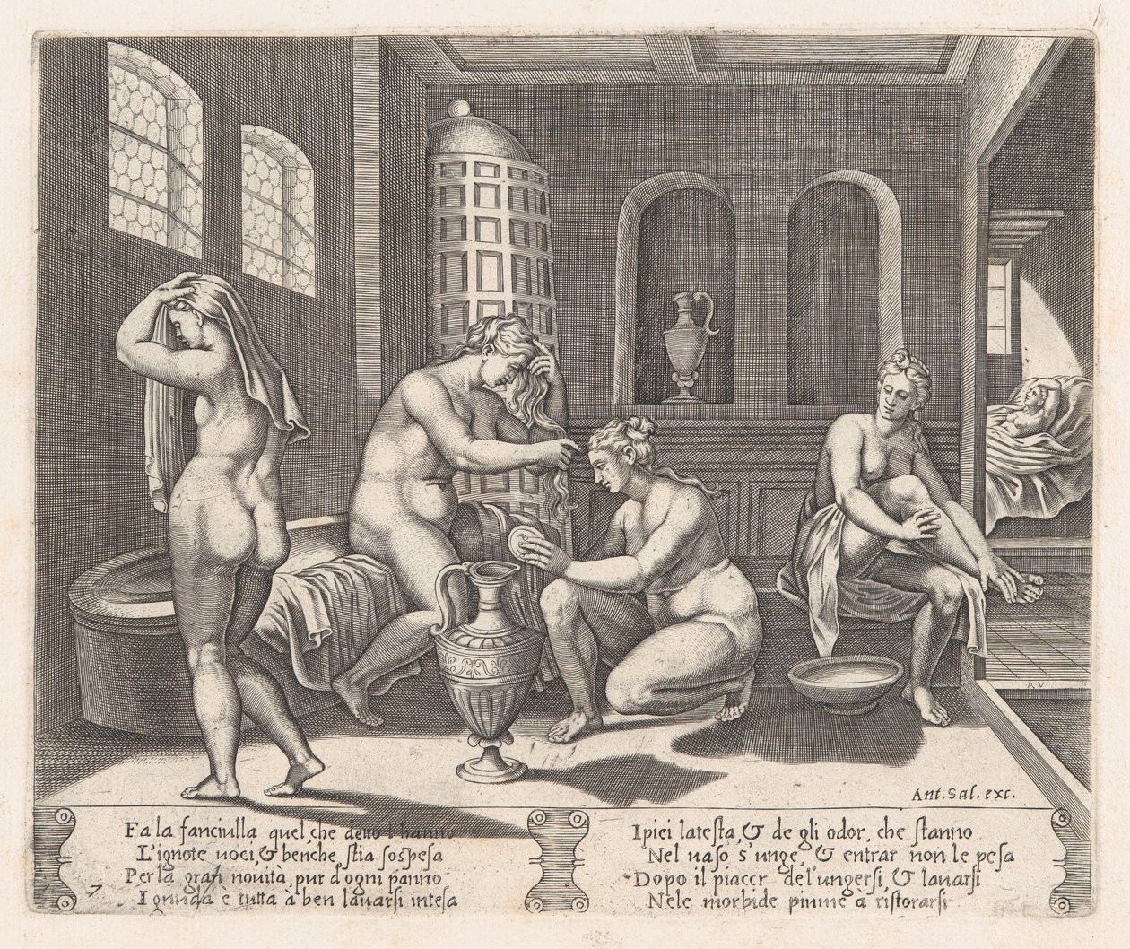 Tafel 7: Psyche wird in ihrem Bad bedient, aus der Geschichte von Amor und Psyche, erzählt von Apuleius, 1530-60 von Agostino Veneziano