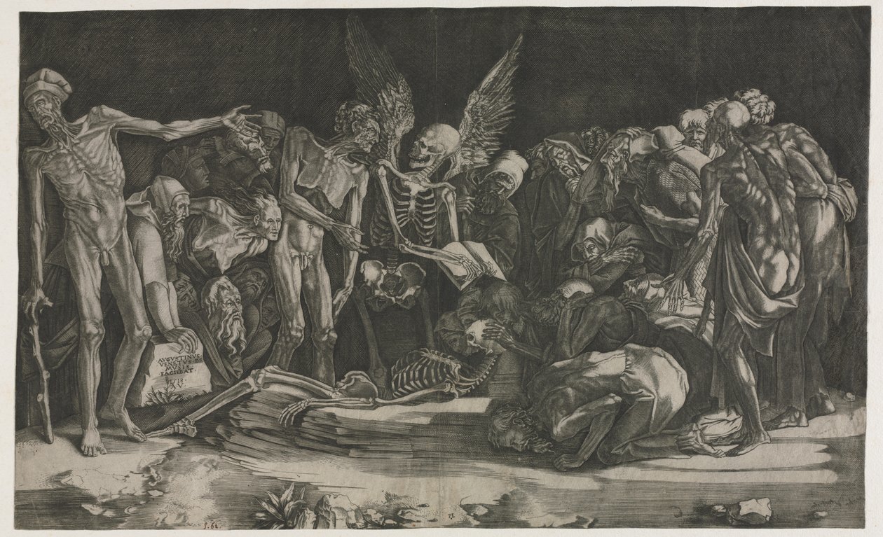 Skelette, auch bekannt als Allegorie des Todes und Ruhms von Agostino Veneziano