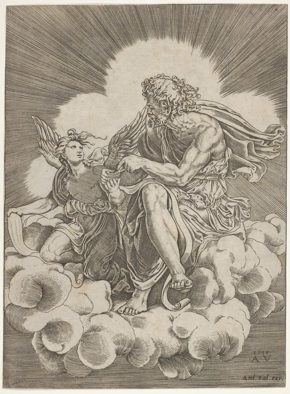 St. Matthäus, auf einer Wolke sitzend und eine Feder in ein Tintenfass tauchend, gehalten von einem Engel..., ca. 1518-20 von Agostino Veneziano