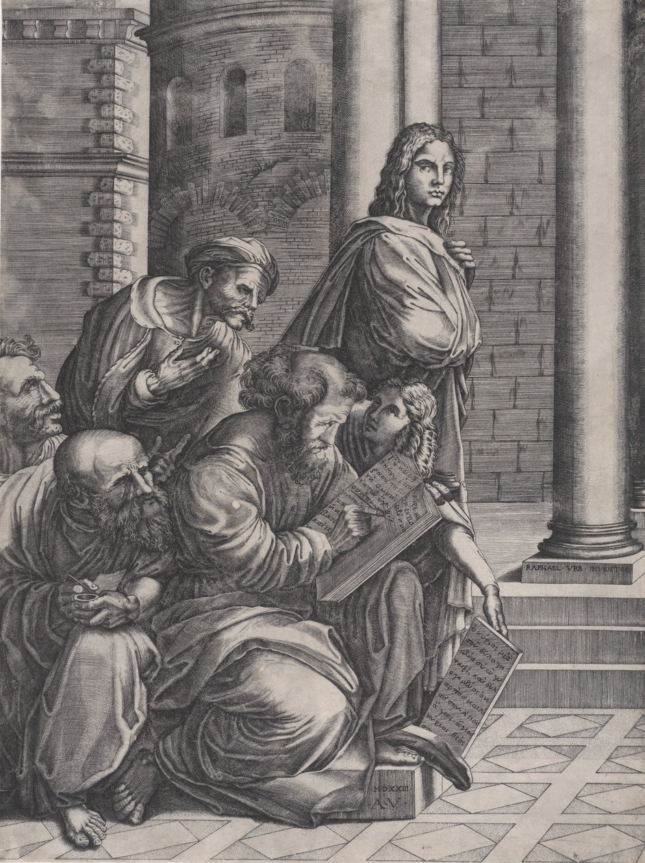 Die Gruppe aus Raphaels Schule von Athen, datiert 1523 von Agostino Veneziano