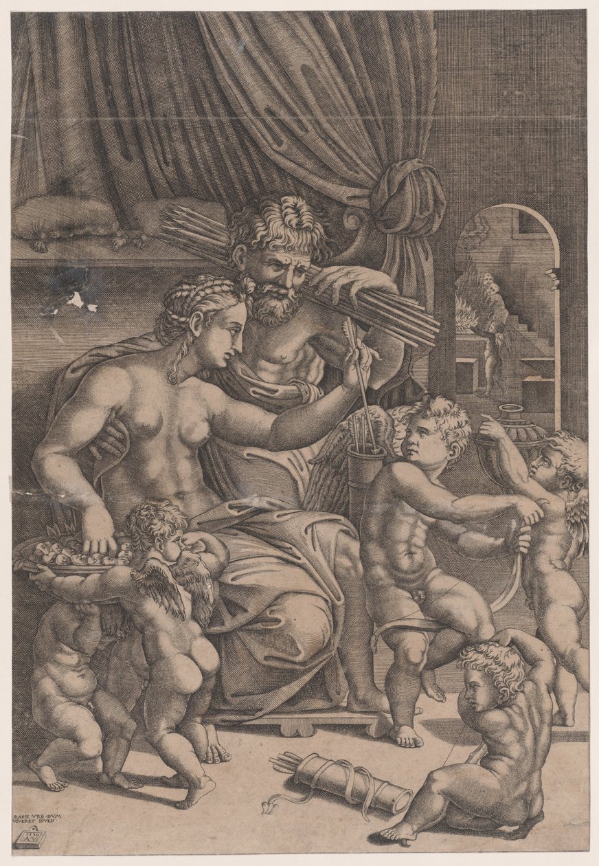 Venus und Vulkan umgeben von Cupidos, datiert 1530 von Agostino Veneziano