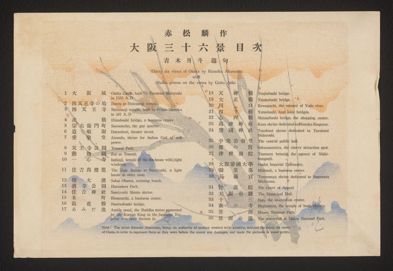 Inhaltsverzeichnis Sechsunddreißig Ansichten von Osaka von Rinsaku Akamatsu mit Haiku-Gedichten zu den Ansichten von Getto Aoki (Titel auf dem Objekt) Zesendertig gezichten van Osaka (Serientitel) Ôsaka sanjûrokkei (Serientitel auf dem Objekt) von Akamatsu Rinsaku