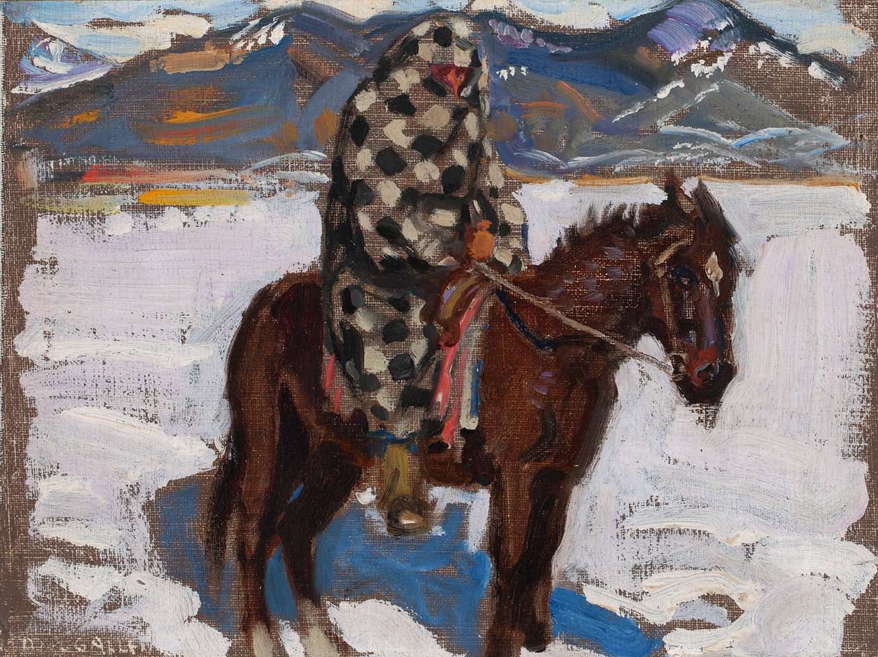 Ureinwohner auf einem Pferd im Schnee von Akseli Gallen-Kallela