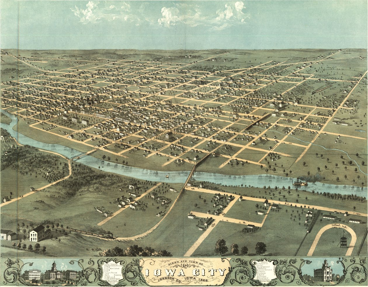 Vogelperspektive von Iowa City, Iowa im Jahr 1868 von Albert Ruger