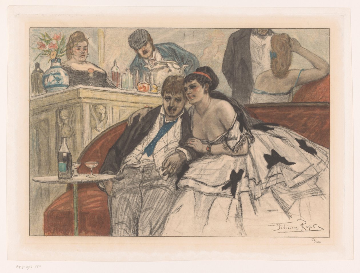 Mann und Frau, die auf einer roten Bank an der Bar eines Theaters sitzen (Le gandin ivre) von Albert Bertrand (attributed to)