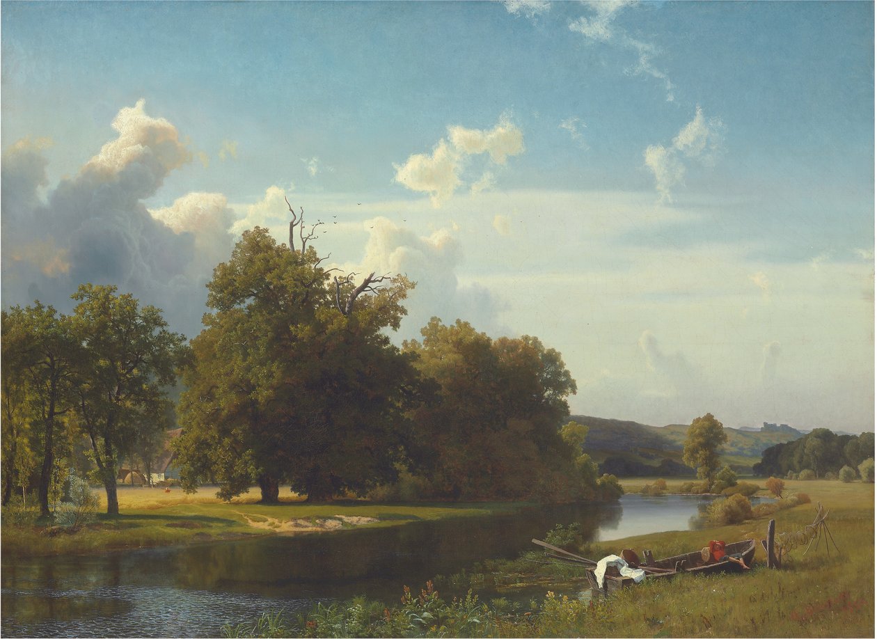 Eine Flusslandschaft, Westfalen, 1855 von Albert Bierstadt