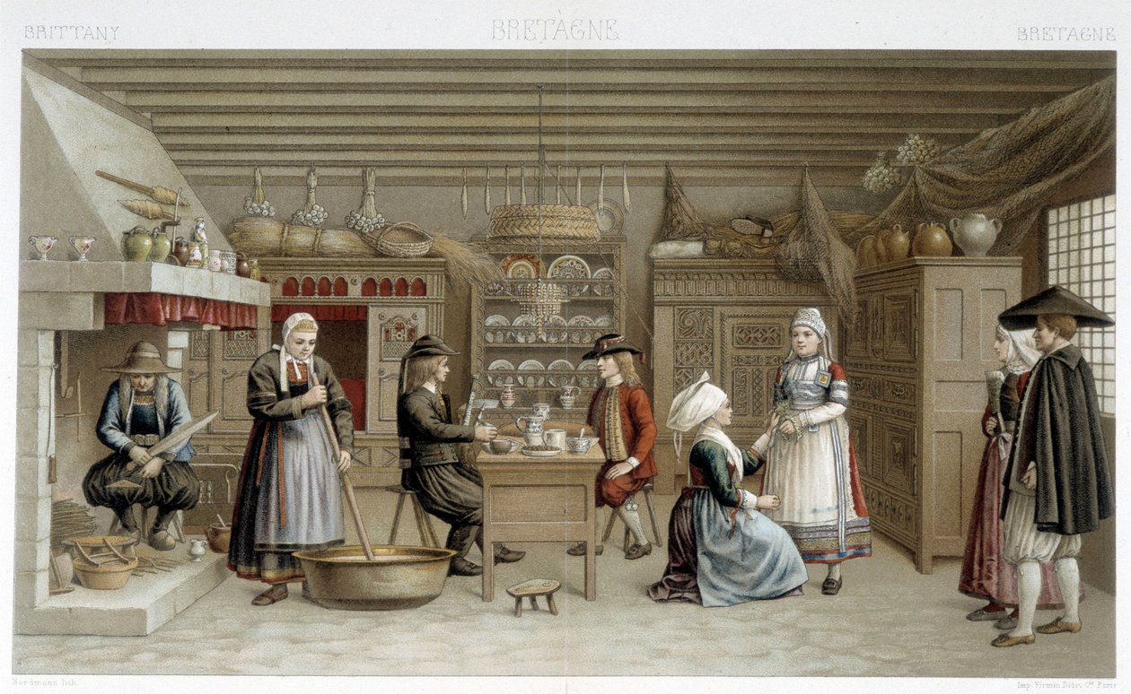 Bretonische Kostüme und Innenräume des 19. Jahrhunderts - in „Le costume ancien et historique“ von Racinet von Albert Charles August Racinet