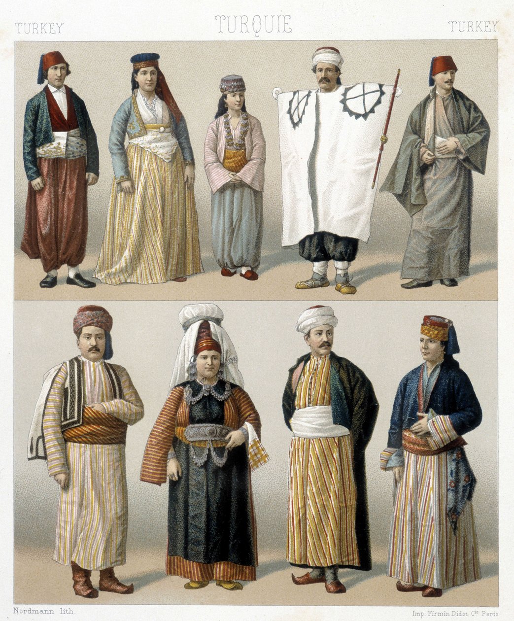 Türkische Kostüme des 19. Jahrhunderts. Illustration in „Le costume historique“ von Racinet von Albert Charles August Racinet