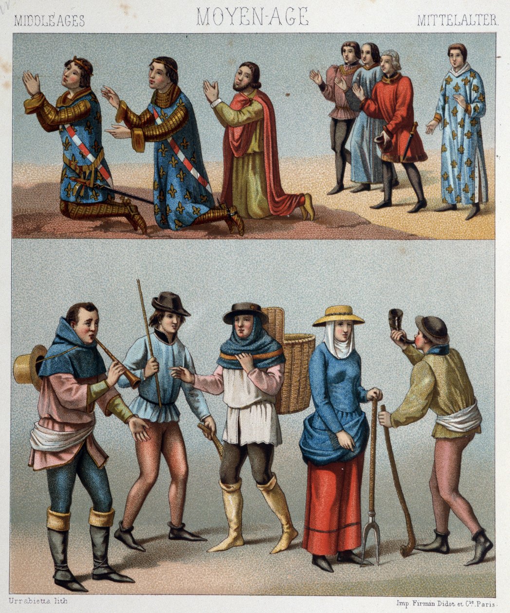 Zivile Kostüme im Mittelalter - in „The historical costume“ von Racinet von Albert Charles August Racinet