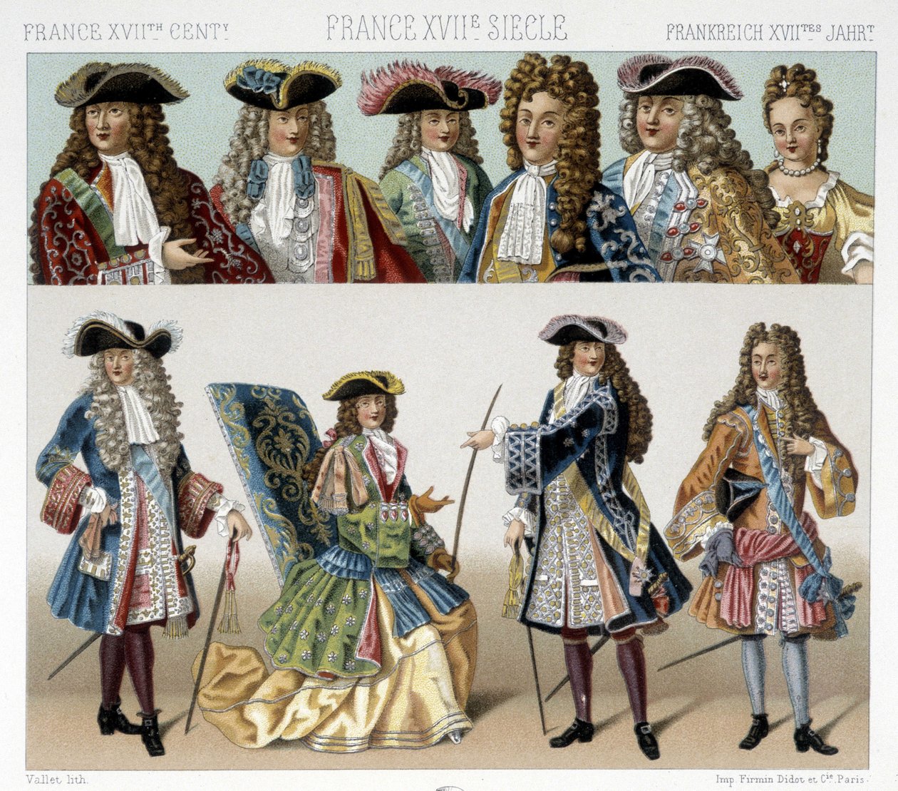 Kostüme und Frisuren des französischen Adels im 18. Jahrhundert. Illustration in „Le costume historique“ von Racinet von Albert Charles August Racinet