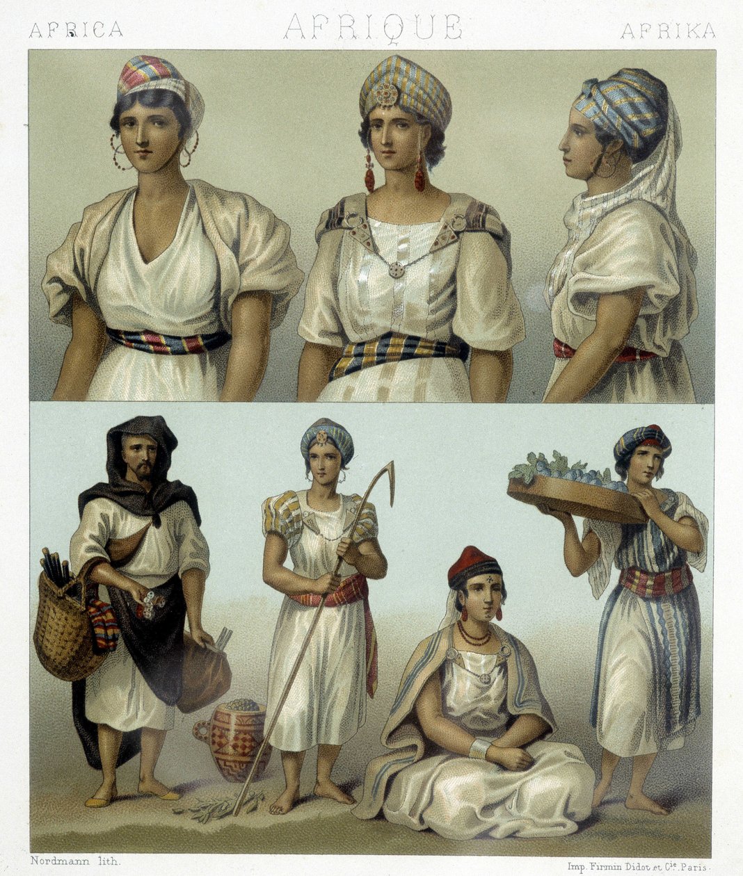 Kostüme und Kopfbedeckungen der Kabyl-Frauen (oben). Tunesische und algerische Kostüme (unten). Illustration in „Le costume historique“ von Racinet von Albert Charles August Racinet