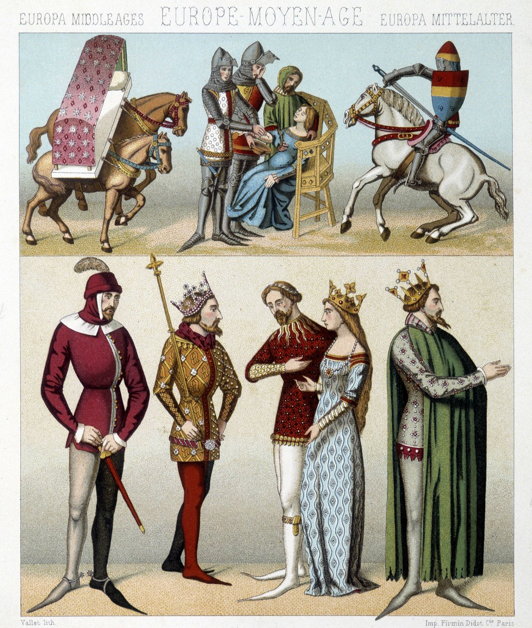 Kostüme des Mittelalters in Frankreich. Illustration in „Le costume historique“ von Racinet von Albert Charles August Racinet