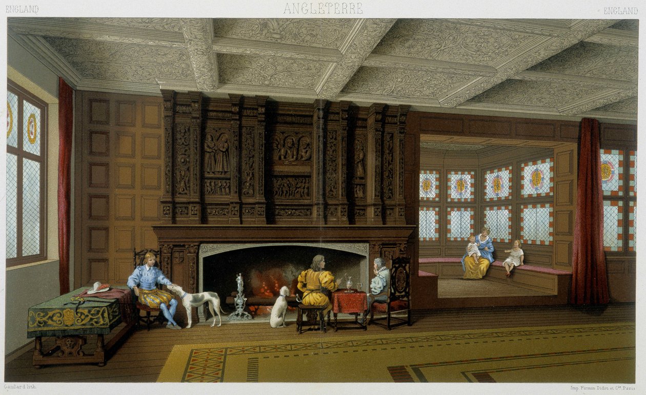 Englischer Lord und seine Familie in seinem Haus im 17. Jahrhundert. Chromolithographische Platte - in „Le costume historique“ von Racinet von Albert Charles August Racinet