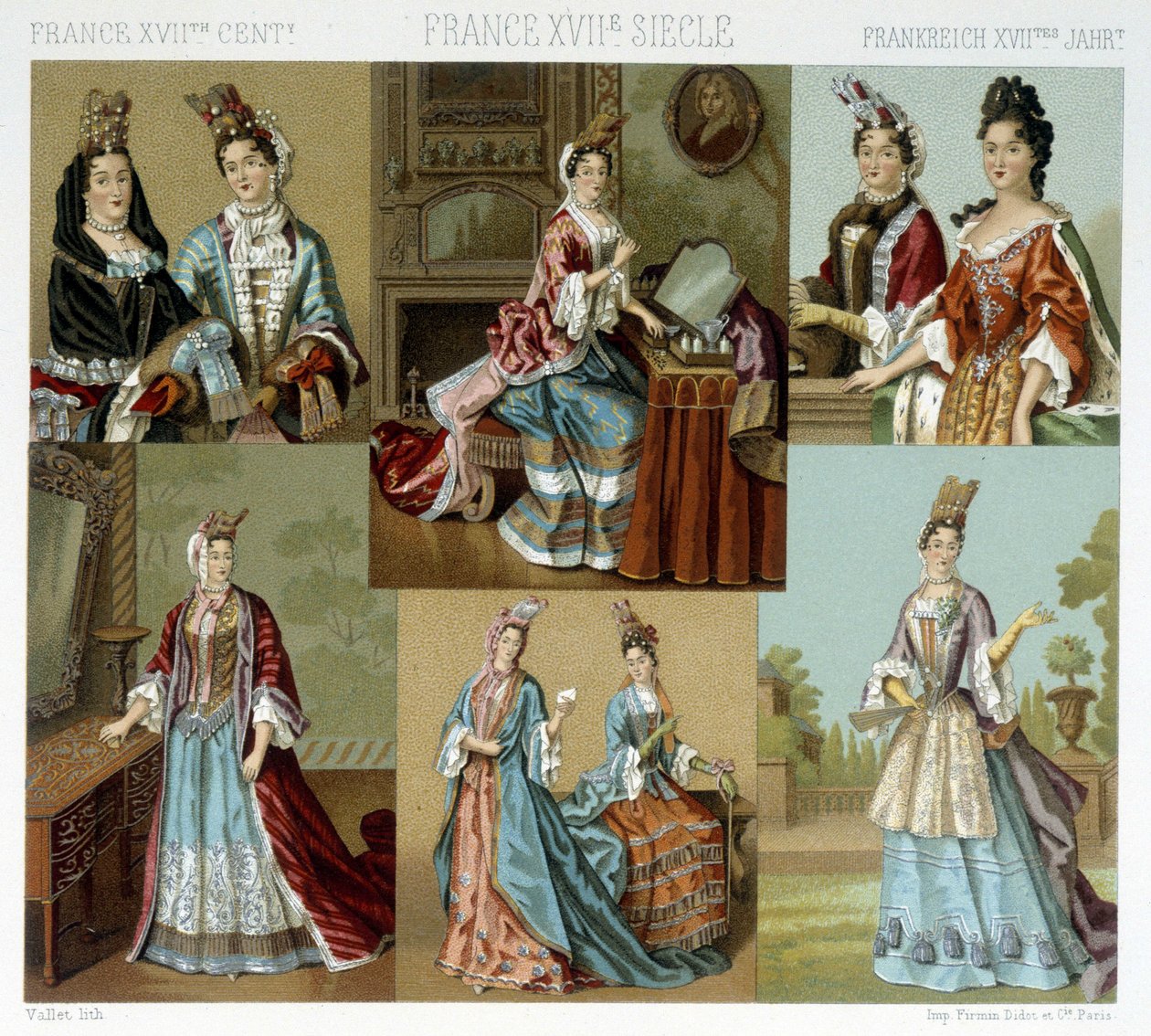 Mode und Frisuren in Frankreich im 18. Jahrhundert - in „Le costume historique“ von Racinet, späte 19. Jahrhundert von Albert Charles August Racinet