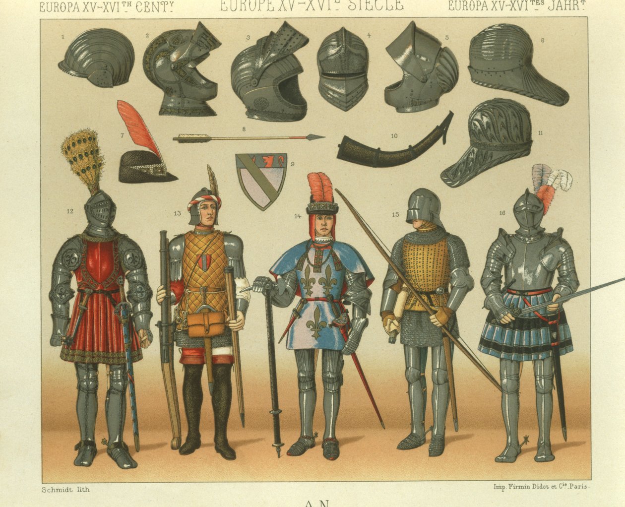 Illustration europäischer Krieger-Rüstungen von Albert Charles August Racinet