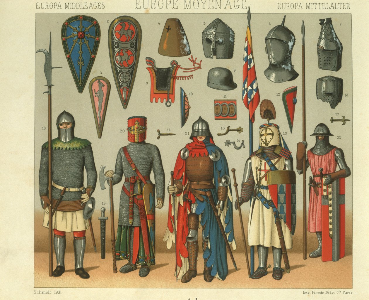 Illustration der Rüstung französischer Krieger von Albert Charles August Racinet