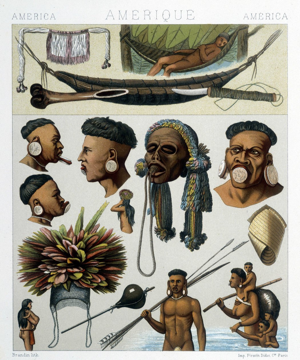 Ureinwohner von Brasilien und Paraguay. Illustration in „The historical costume“ von Racinet von Albert Charles August Racinet