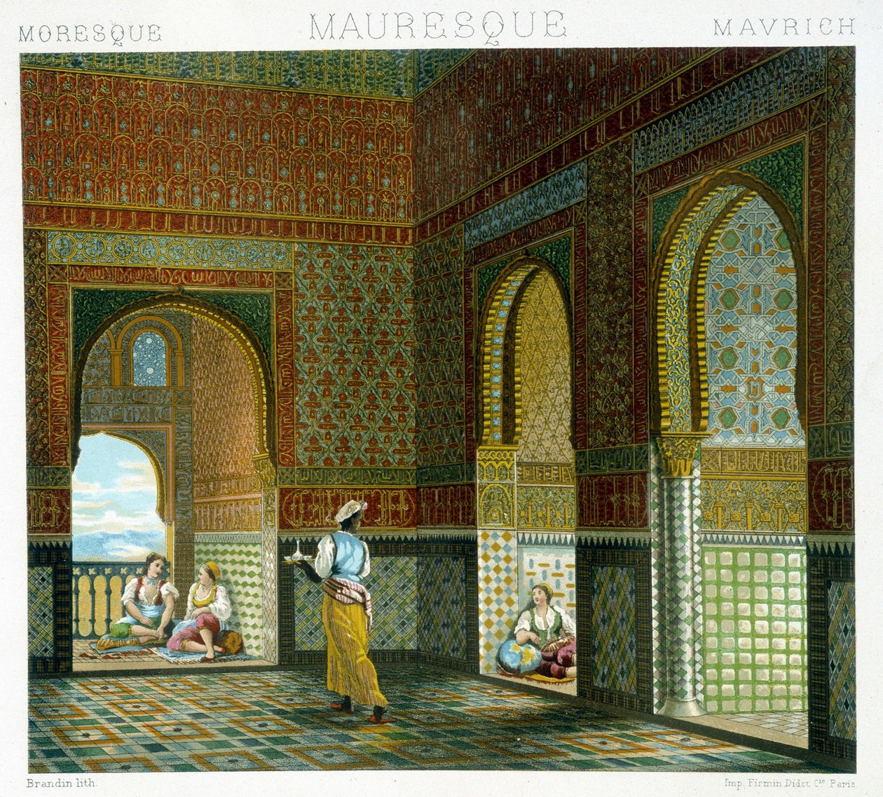 Innenraum eines maurischen Hauses (Alhambra, Raum des Segens). Chromolithographische Platte - in „Le costume historique“ von Racinet von Albert Charles August Racinet