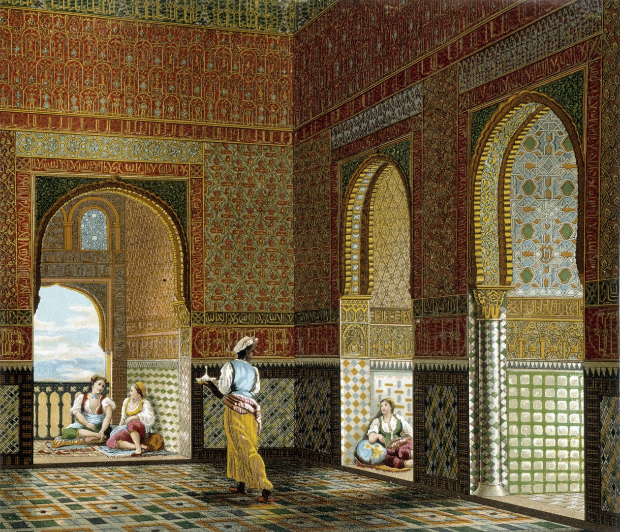Innenraum eines maurischen Hauses (Alhambra, Raum des Segens). Chromolithographische Platte - in „Le costume historique“ von Racinet von Albert Charles August Racinet