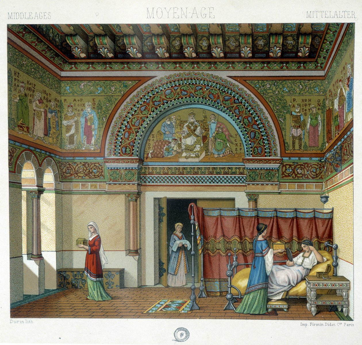 Innenraum eines herrschaftlichen Hauses im Mittelalter - in „The historical costume“ von Racinet von Albert Charles August Racinet