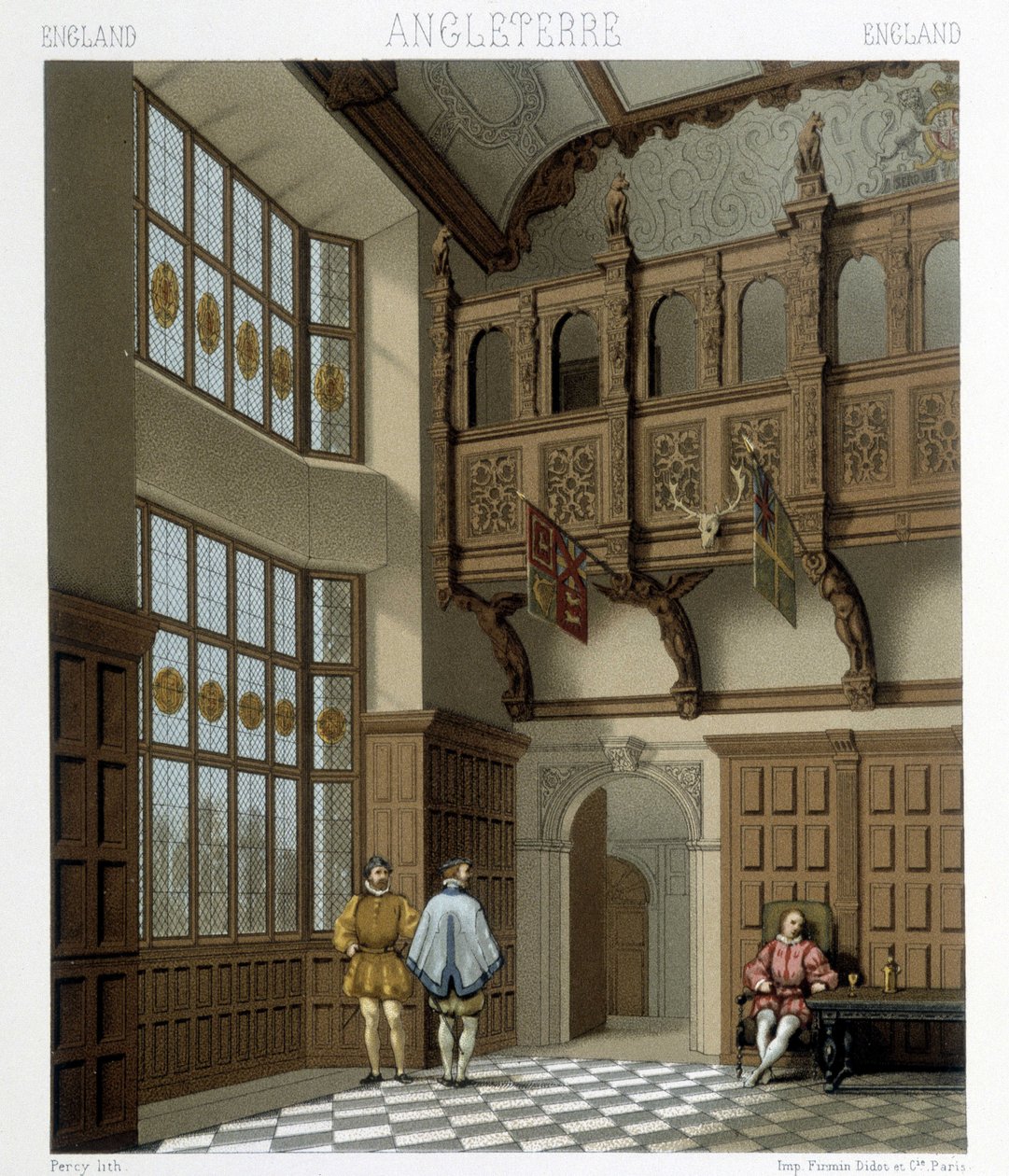 Innenraum eines herrschaftlichen Hauses in England im 18. Jahrhundert. Illustration in „Le costume historique“ von Racinet von Albert Charles August Racinet