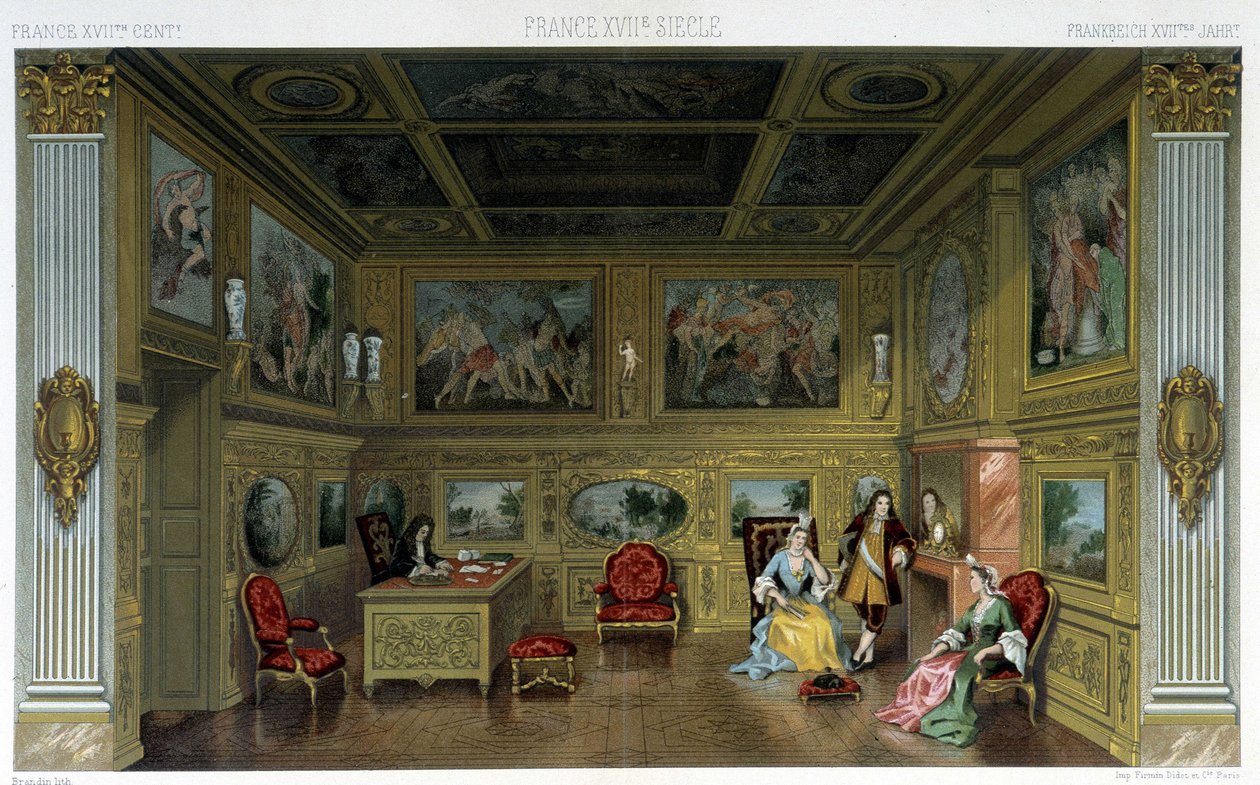 Männer und Frauen in einem reichen Haus des 18. Jahrhunderts. Illustration in „Le costume historique“ von Racinet von Albert Charles August Racinet