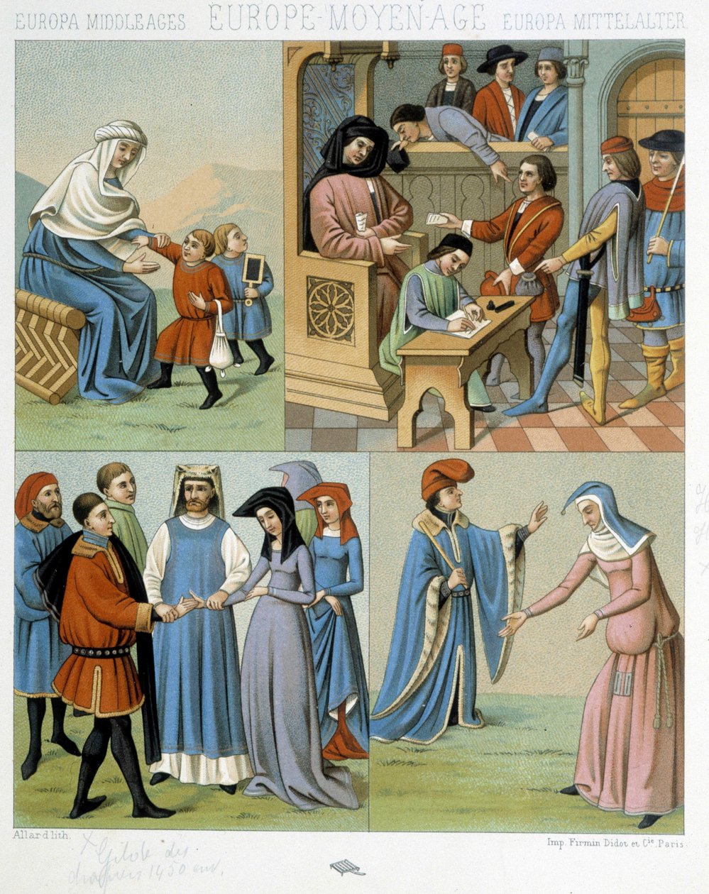 Mittelalter: Mutter und Kinder, ein Gerichtshof, eine Hochzeit - in „Le costume historique“ von Racinet von Albert Charles August Racinet