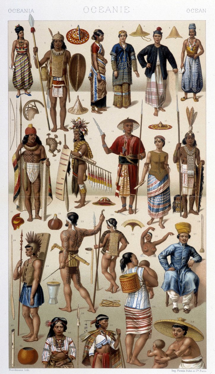 Menschen aus Malaysia und Polynesien (Ozeanien). Illustration in „Le costume historique“ von Racinet von Albert Charles August Racinet