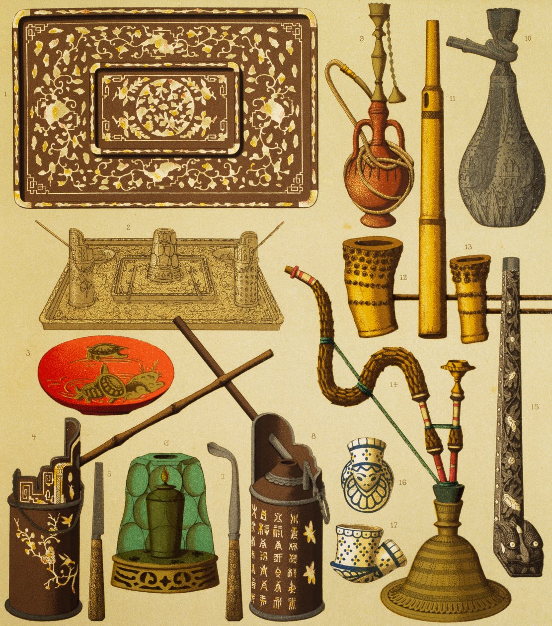 Pfeife und Gegenstände, die von Rauchern verwendet werden, Lithographie von Schmidt aus Die vollständige Kostümgeschichte, erster Band, von Auguste Racinet von Albert Charles August Racinet