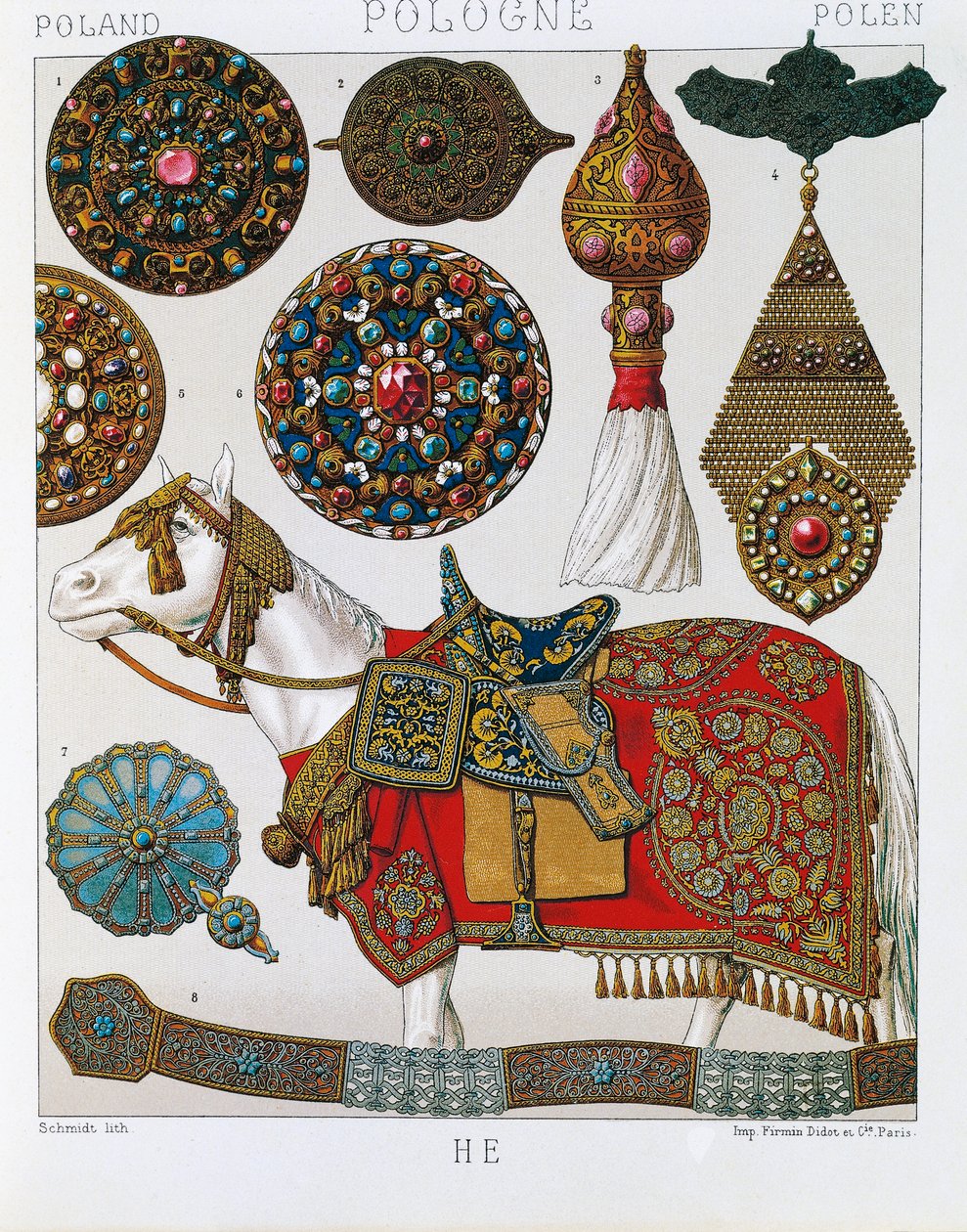 Polnische Ornamente, Pferde-Husaren, Lithographie aus Schmidts Costume historique, Band V von Albert Charles August Racinet
