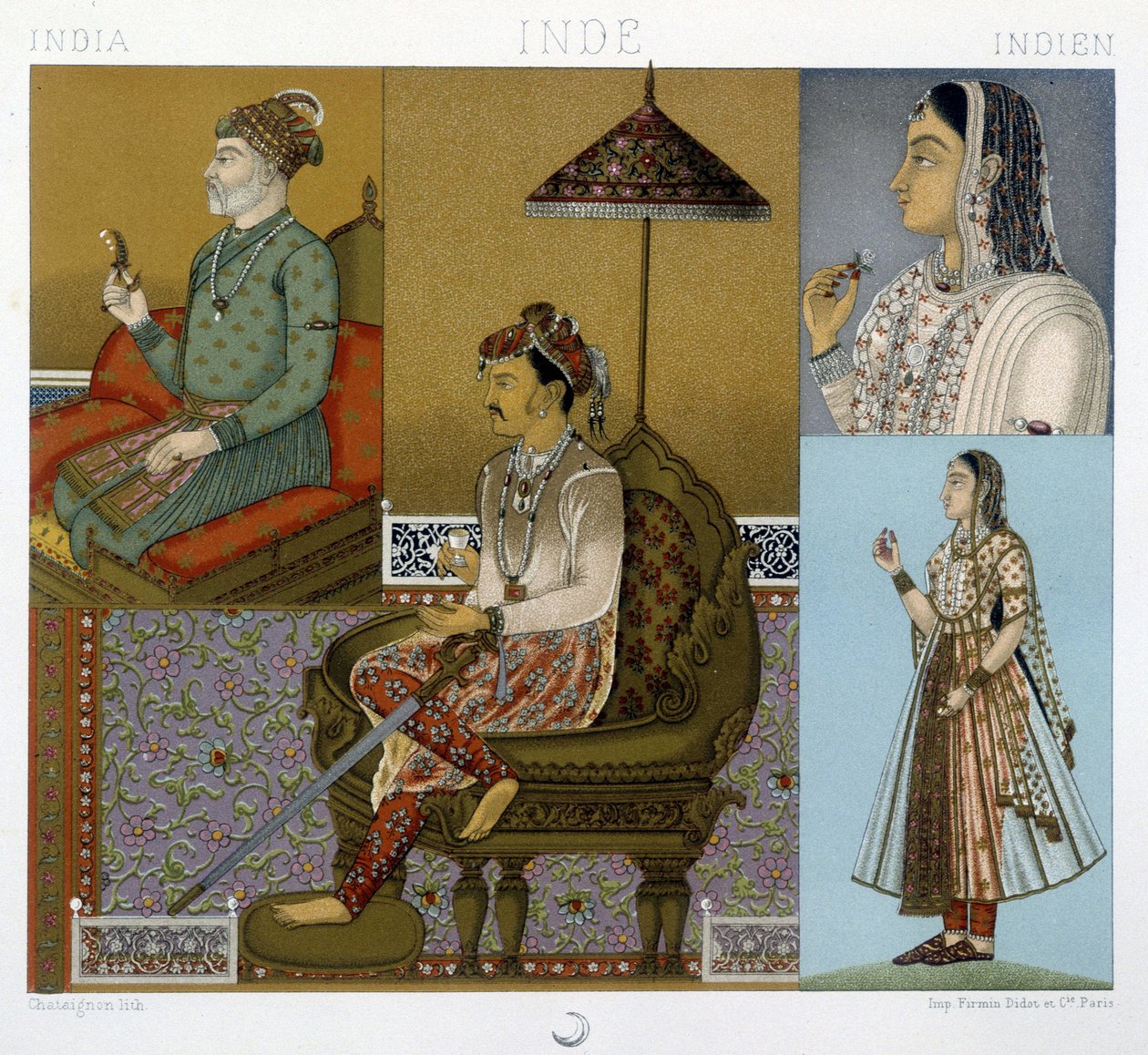 Traditionelle Mogul- und Maharadscha-Kostüme in Indien - in „Le costume historique“ von Racinet von Albert Charles August Racinet