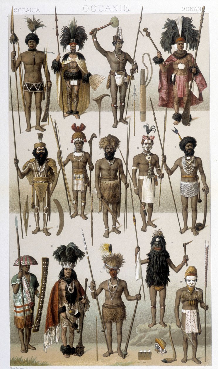 Traditionelle Kostüme der indigenen Völker Ozeaniens. Illustration in „Le costume historique“ von Racinet von Albert Charles August Racinet