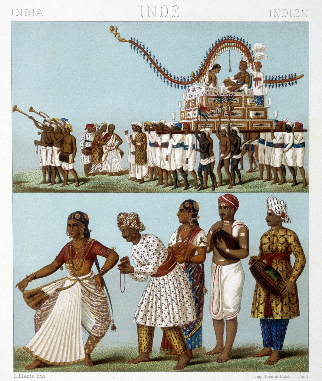 Transport, Musik, Tanz und traditionelle Kostüme Indiens. Illustration in „Le costume historique“ von Racinet von Albert Charles August Racinet