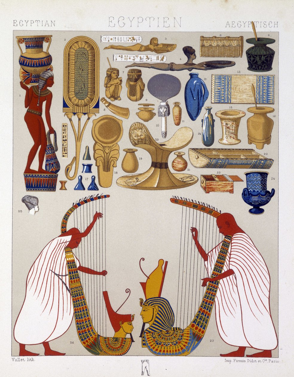 Verschiedene antike Objekte aus Ägypten - in „Das historische Kostüm“ von Racinet von Albert Charles August Racinet
