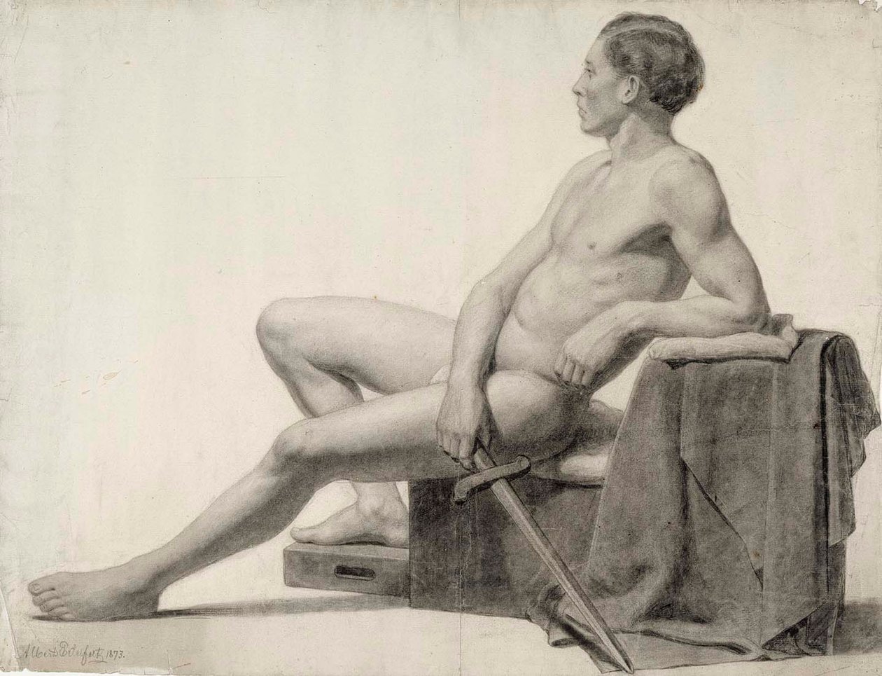 Sitzendes männliches Modell mit einem Schwert, Akademiestudie von Albert Edelfelt