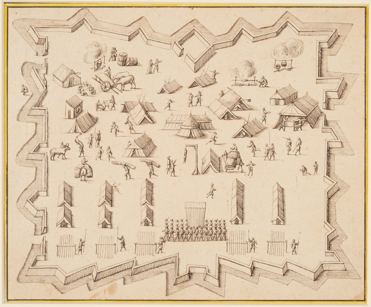 Vogelperspektive eines Militärlagers mit Befestigungen von Albert Flamen