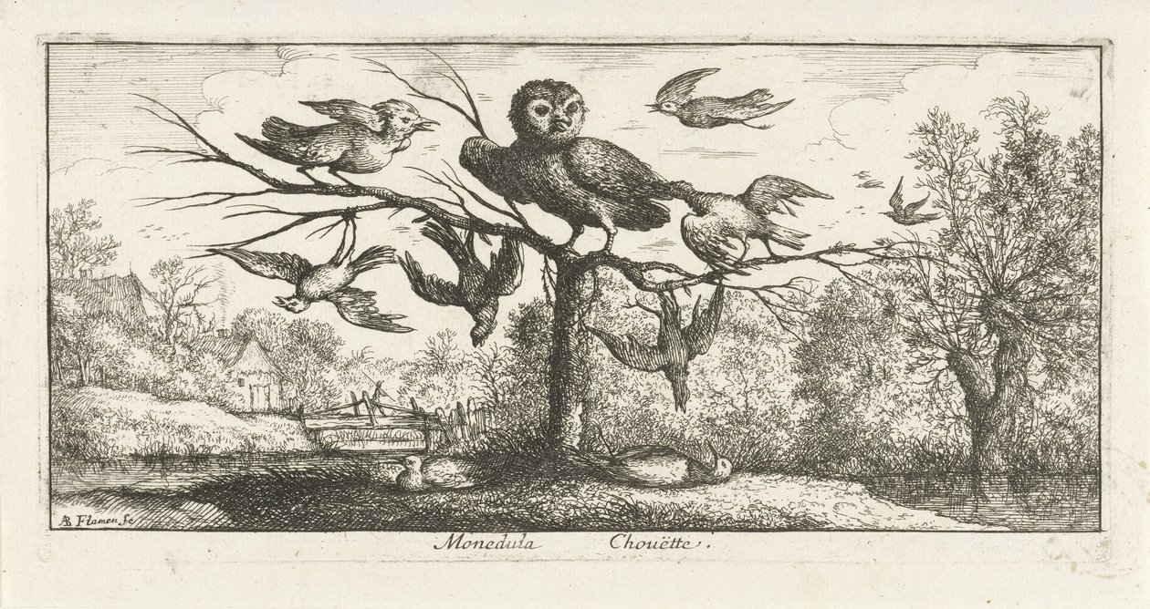 Landschaft mit Kircheule zwischen anderen Vögeln von Albert Flamen