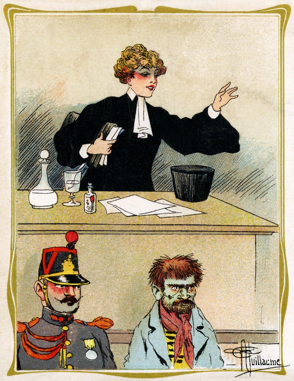 Eine Anwältin mit schönem Gesicht plädiert und verteidigt ihren Mandanten. Werbung, Gravur 1902-1903 von Albert Guillaume