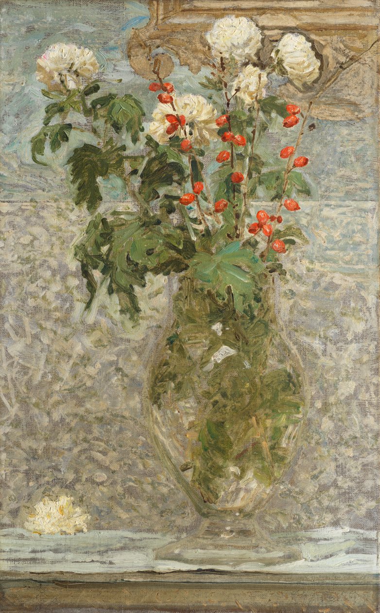 Weiße Chrysanthemen und rote Beeren von Albert Joseph Moore