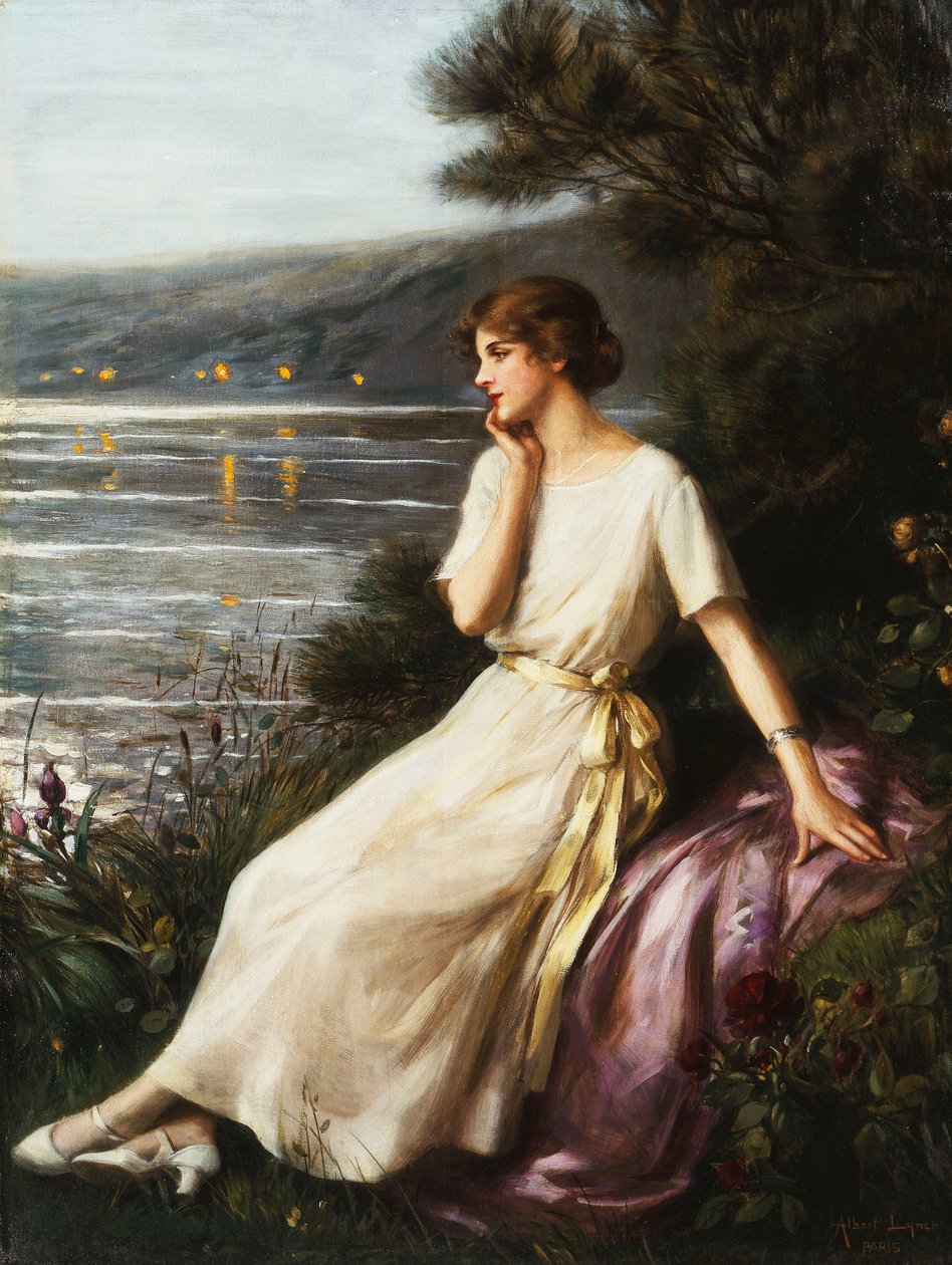 Porträt einer Frau an einem See von Albert Lynch