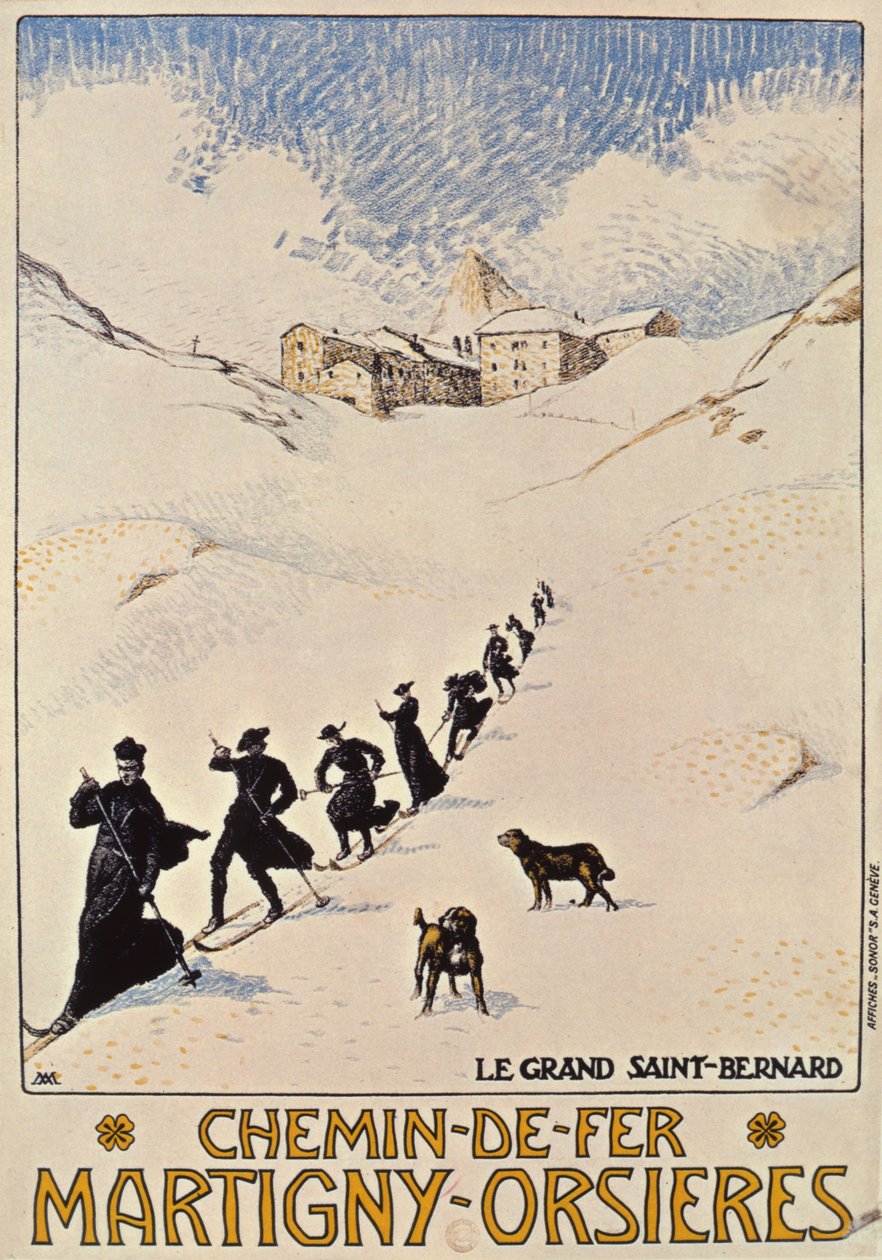 Plakat zur Werbung für die französische Eisenbahn von Martigny nach Orsières, 1913 von Albert Muret