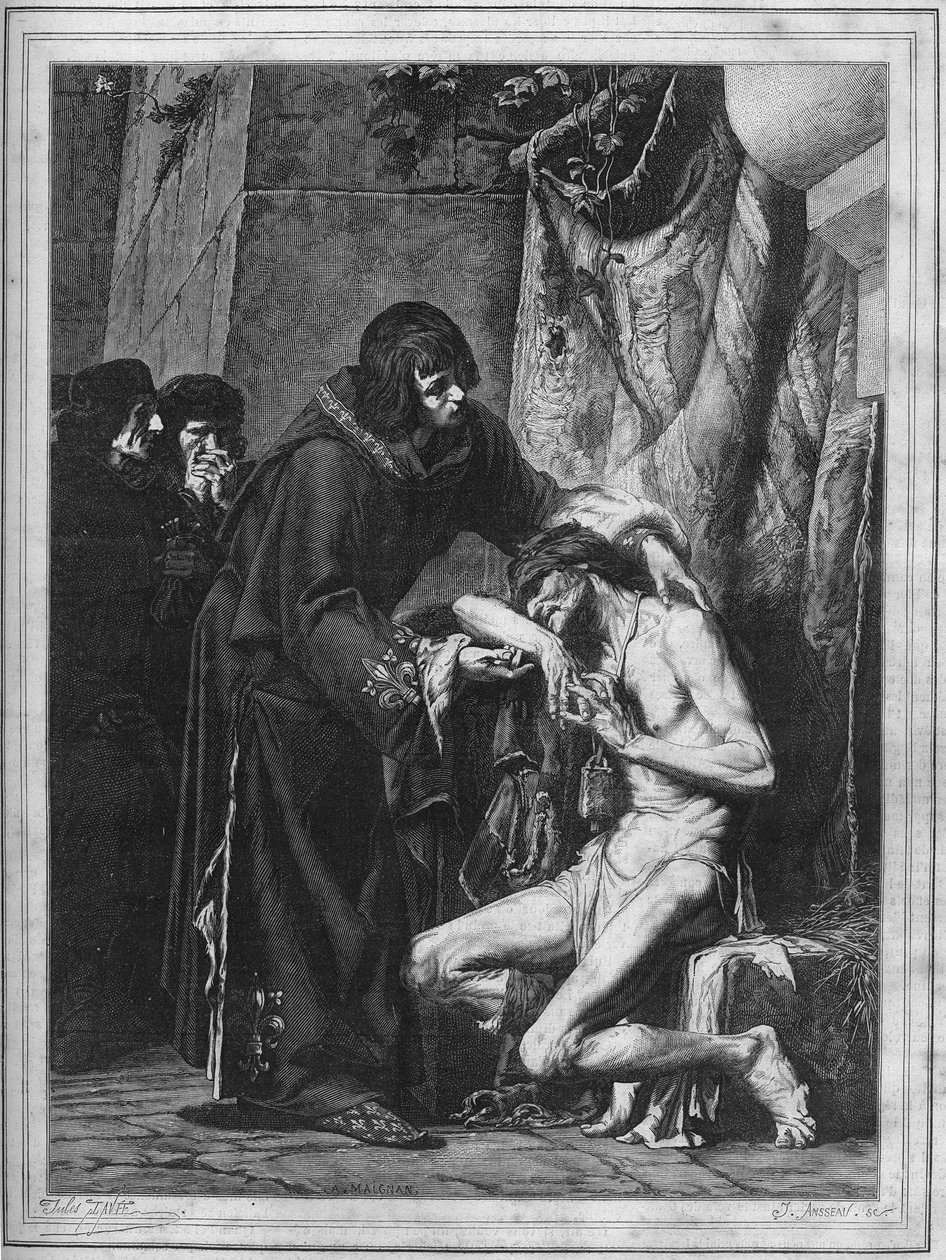 Ludwig IX. tröstet einen Aussätzigen: der König von Frankreich, Saint Louis, und eine kranke Person während eines Lepraausbruchs. Gravur von 1878 nach dem Gemälde von Albert Maignan. von Albert Pierre René (after) Maignan