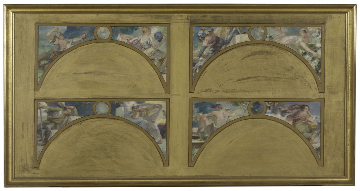 Skizze für den Salon des Lettres im Pariser Rathaus: Die großen literarischen Werke (La Chanson de Roland, Le Misanthrope, Eviradnus, Mimi Pinson, Le Cid, Phèdre, Pantagruel, La Cigale), ca. 1890 von Albert Pierre Rene Maignan