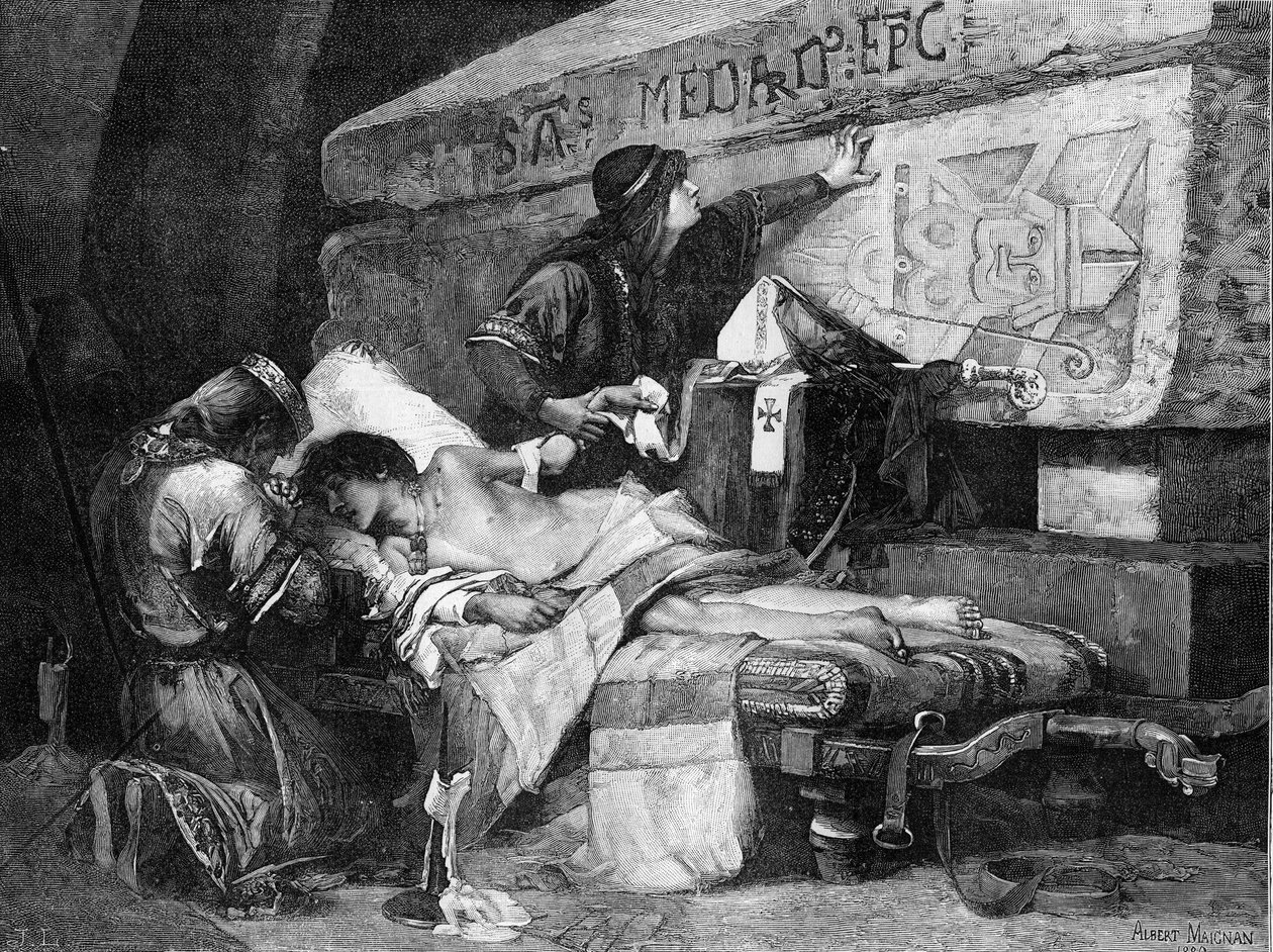 Der letzte Moment von Chlodobert (oder Clodebert, gestorben 580). „Fredegonde und Chilperic I. legten ihren Sohn auf eine Bahre in der Nähe des Grabes von Saint Medard, aber der Kranke fiel in Agonie...“ Gravur nach dem Gemälde von Albert Maignan (1845-190 von Albert Pierre Rene Maignan