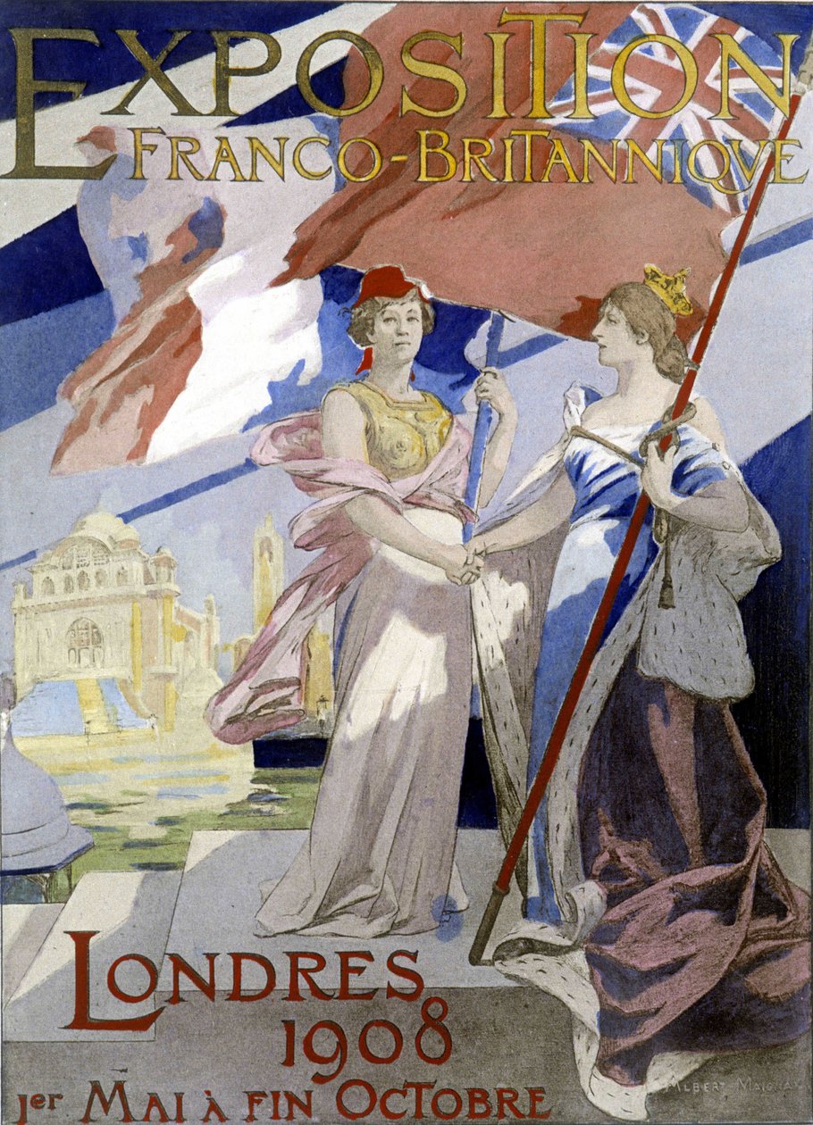 Zwei Frauen, Symbol von Frankreich und England, schütteln sich die Hände. Plakat von Albert Maignan (1908) für die Franco-Britische Ausstellung 1908 in London. von Albert Pierre Rene Maignan