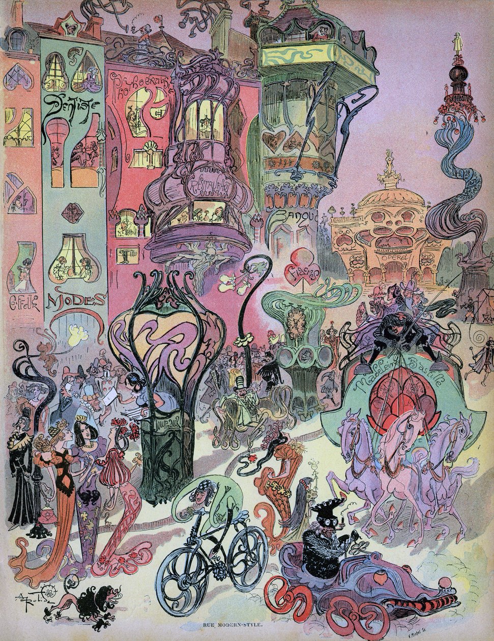 Vorausschau auf den modernen Stil von Paris durch den Designer Albert Robida. In dieser schönen Zeichnung sehen wir Robidas Einfluss auf die Schöpfer von Comics aus den Jahren 1960-1980, insbesondere Fred (Othon Aristides, „Abenteuer von Philemon“) und For von Albert Robida