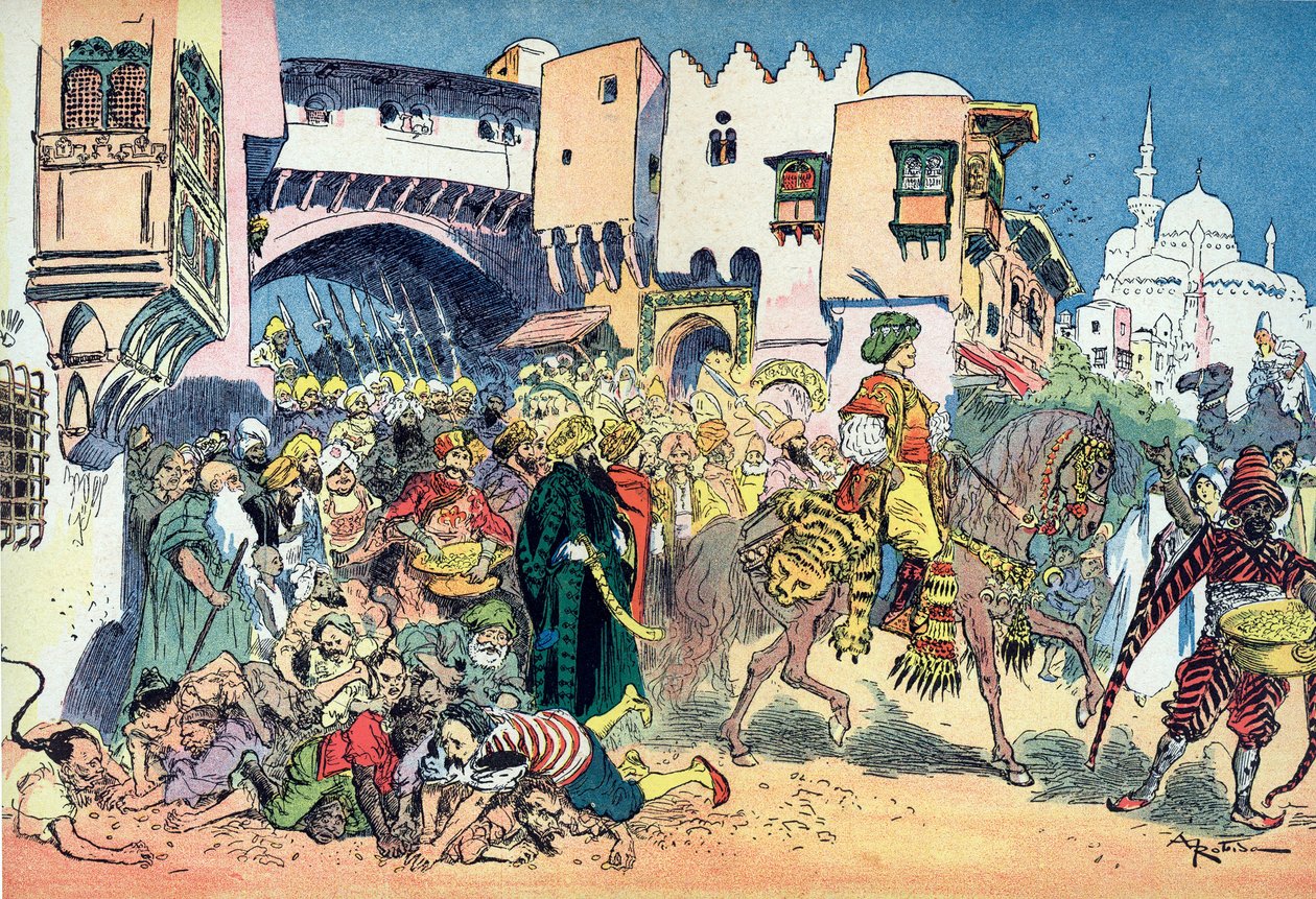 Aladdin reitet durch die Straßen der Stadt und wirft Geld um sich, Illustration von Albert Robida für das Märchen „Aladin und die Wunderlampe“ in „Tausendundeine Nacht“ von Albert Robida