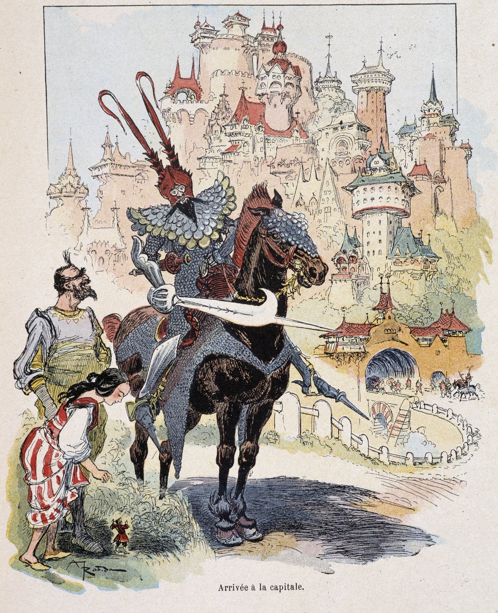 Ankunft in der Hauptstadt - in „Gullivers Reisen“ von Swift, ill. von Robida von Albert Robida